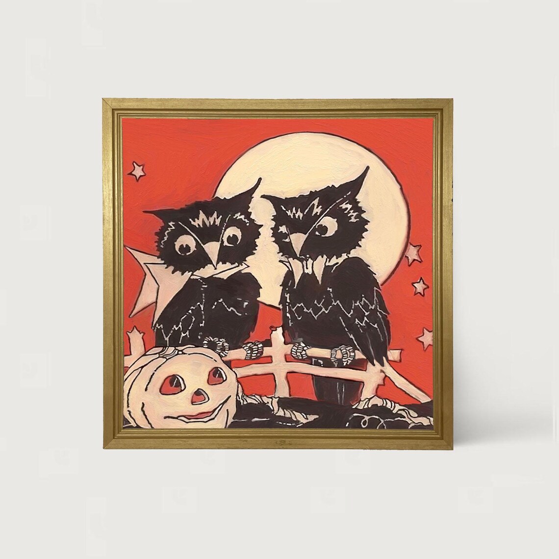 Owls on a Fence, Vintage Halloween Wall Art Print - Image 2