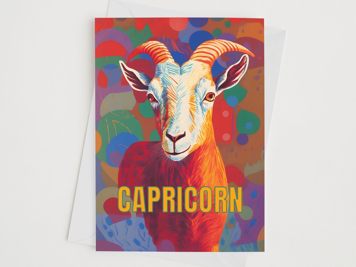 Capricorn Zodiac Star Sign Colorful Goat Birthday Card Print