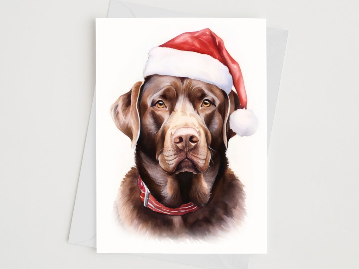 Chocolate Labrador Santa Hat Christmas Dog Watercolor Card Print