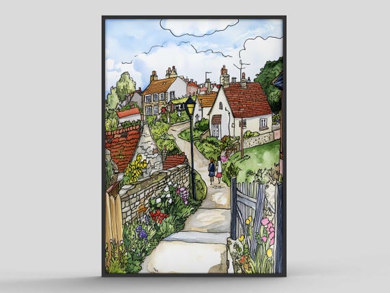 English Village Walk Watercolour And Pen Print Scene Poster Home Decor Wall Art