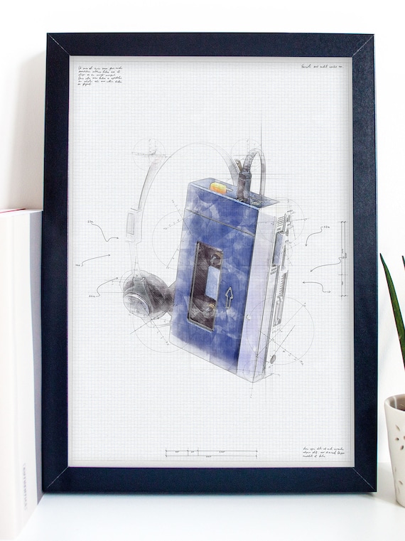 Walkman Blueprint Poster Retro 80s Cassette Player Sketch Art Print