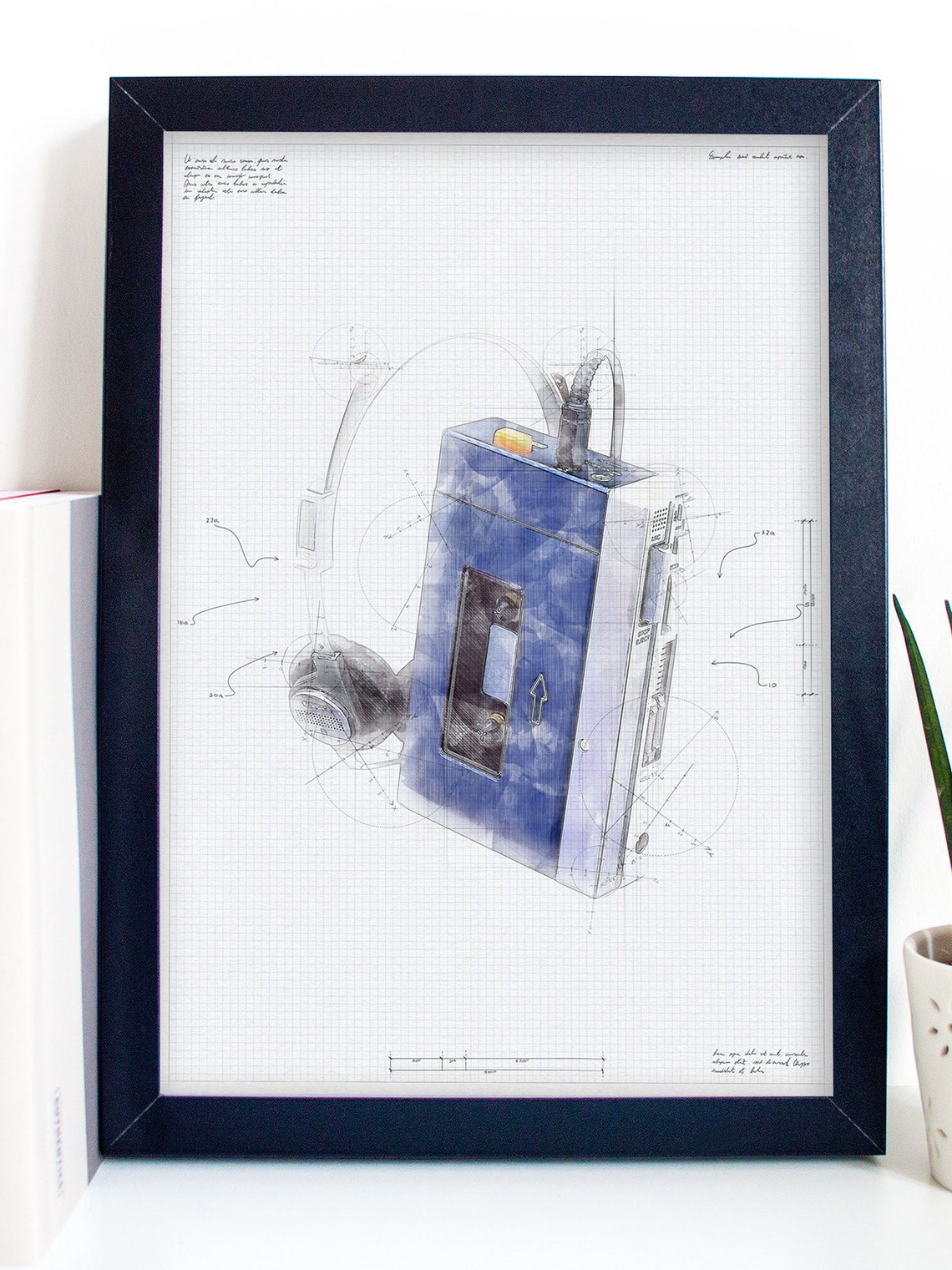 Walkman Blueprint Poster Retro 80s Cassette Player Sketch Art Print