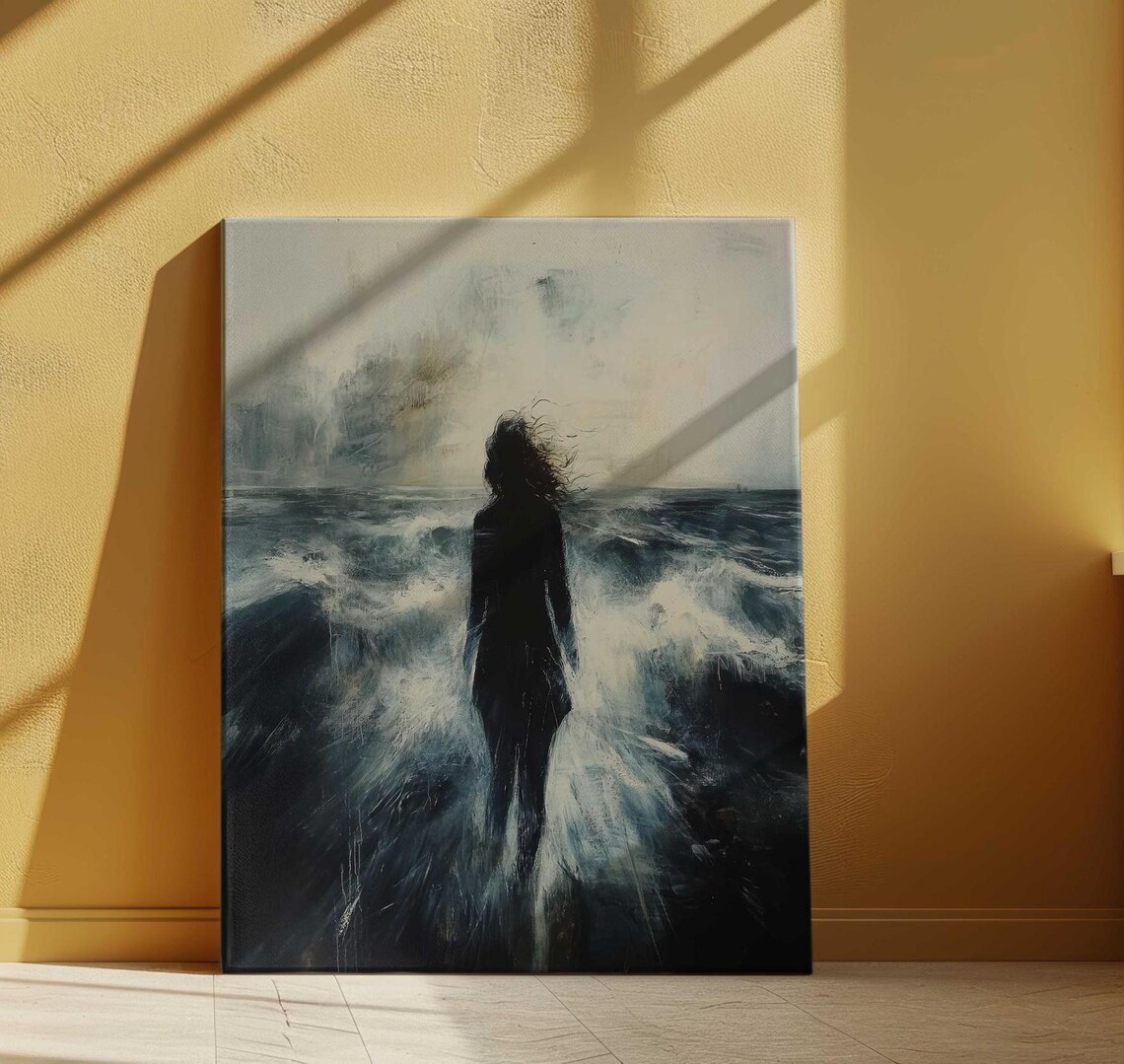 Woman Silhouette Stormy Ocean Waves Moody Gray Blue Seascape Poster