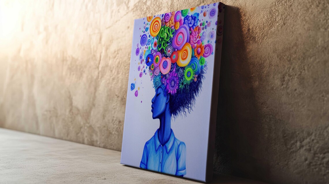 Blue Woman Profile Colorful Flower Spiral Hair Dreamy White Wall Art - Image 2
