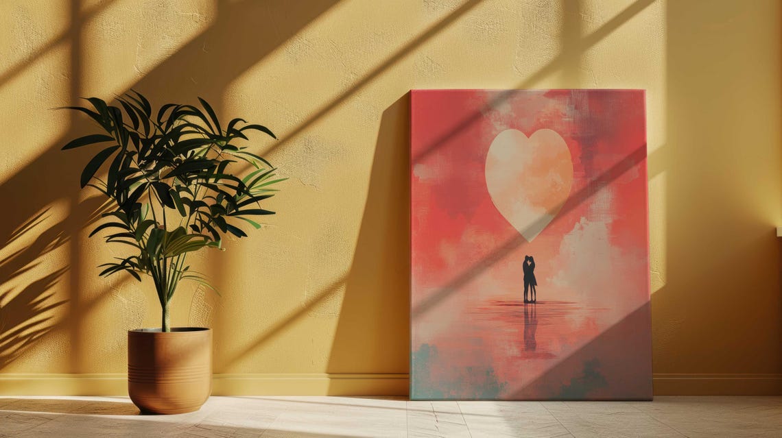 Romantic Couple Silhouette Under Giant Heart Red Sky Wall Art - Image 2
