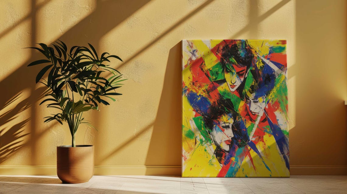 Bold Abstract Expressionist Three Faces Yellow Red Blue Art Poster - Image 4