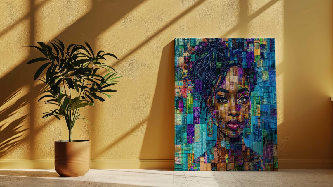 Mosaic Pixel Portrait Black Woman Teal Blue Purple Digital Art Poster
