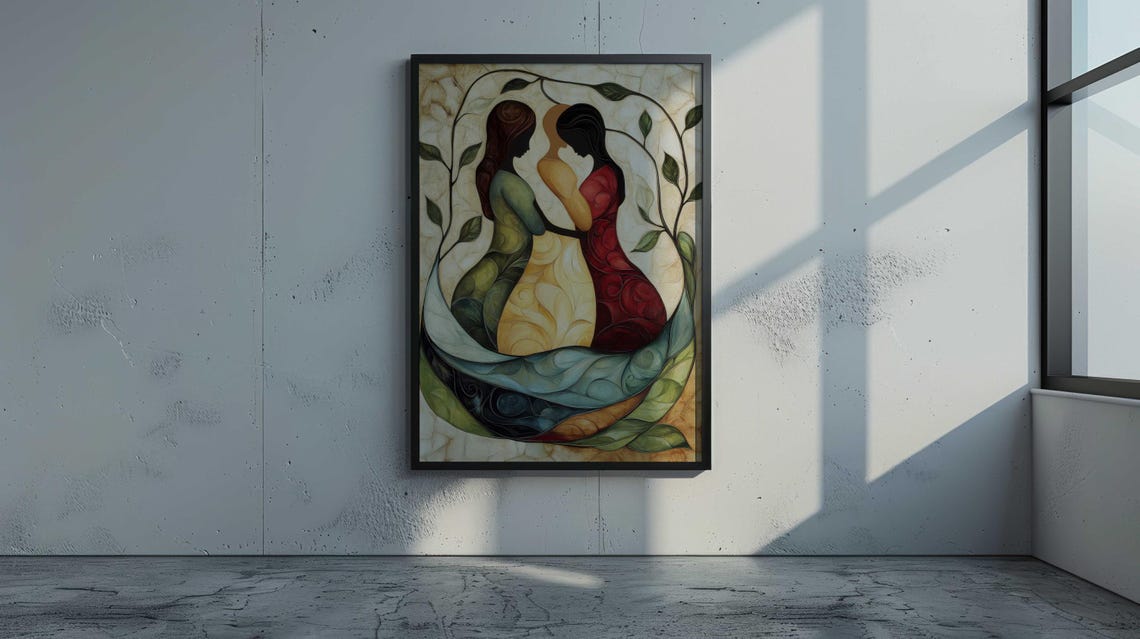 Three Women Mosaic Stained Glass Style Leaves Floral Art Print