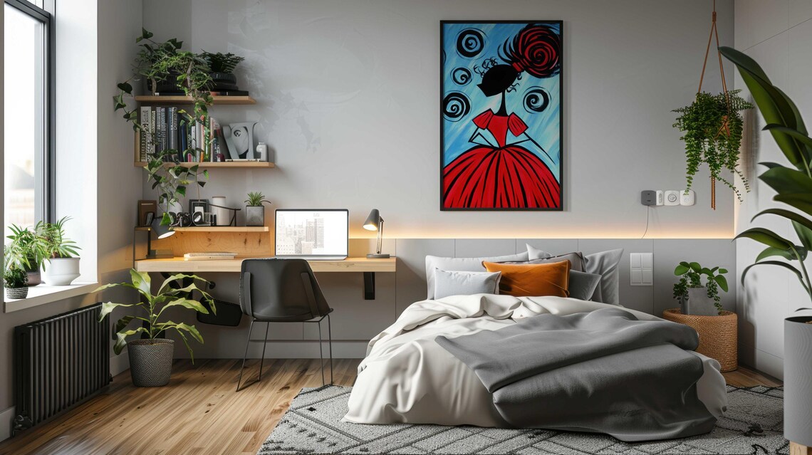 Whimsical Red Dress Girl Spiral Hair Blue Background Naive Art Print - Image 4