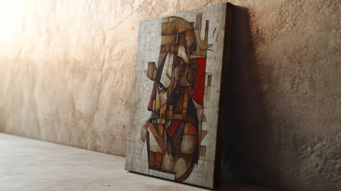 Cubist Abstract Face Portrait Earthy Brown Red Modern Art Poster - Image 2