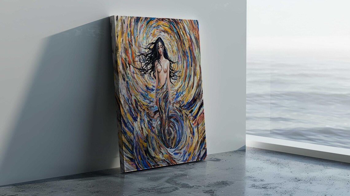 Nude Woman Long Black Hair Swirling Colorful Vortex Oil Art Poster - Image 3