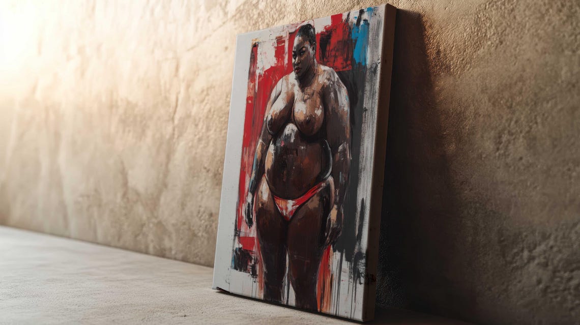 Curvy Black Woman Standing Bold Red Blue Expressionist Art Poster - Image 2