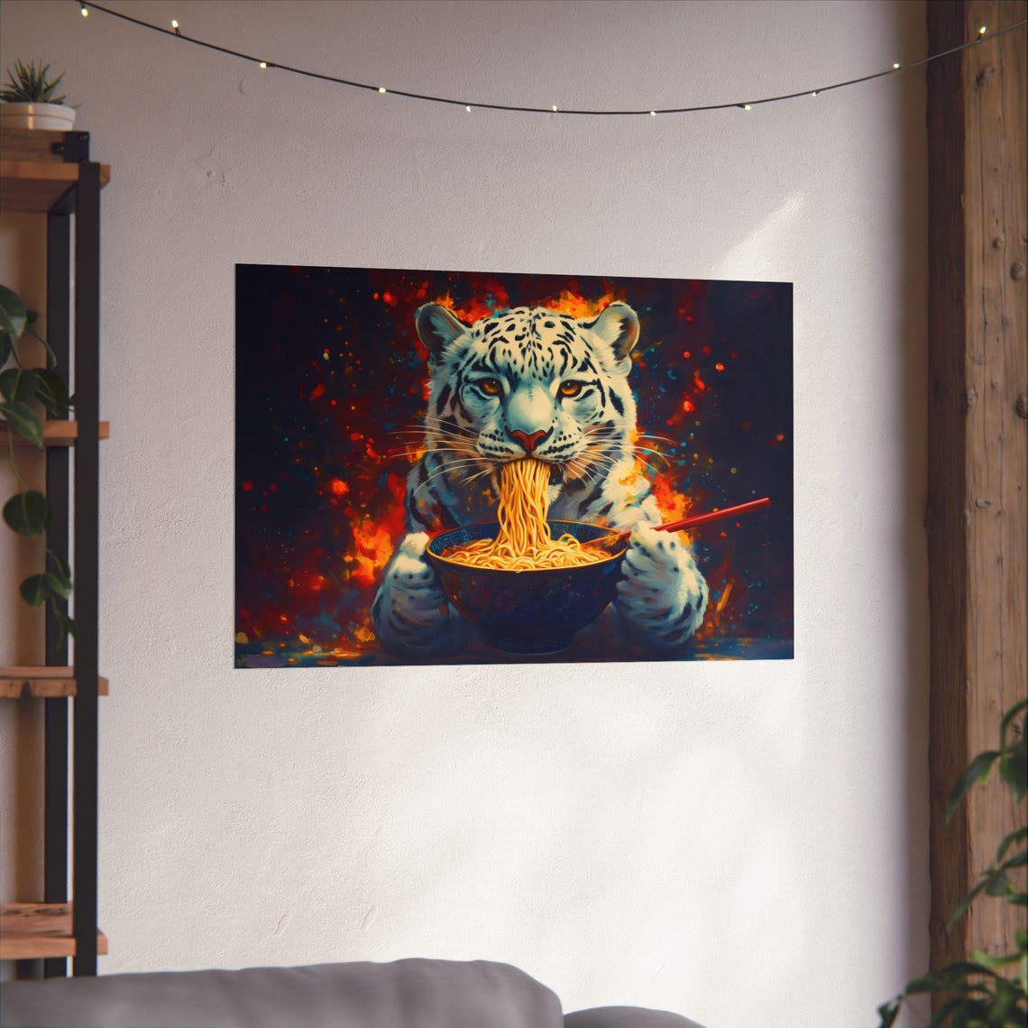 Snow Leopard Eating Ramen Blazing Red Maximalist Bold Wall Print - Image 2