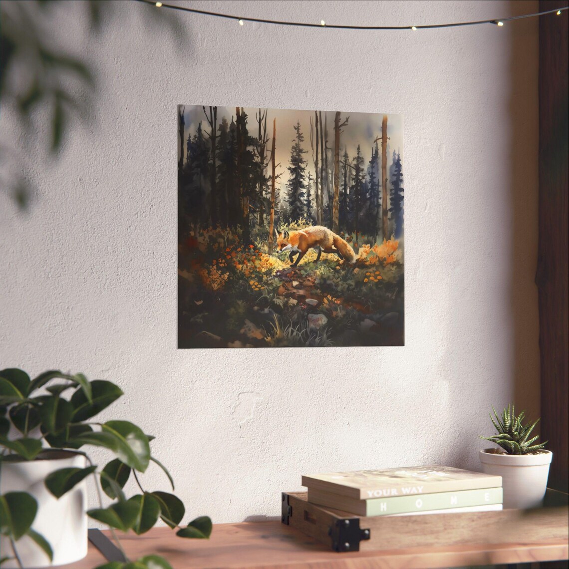 Fox Forest Watercolor Woodland Walk Autumn Pines Wildlife Nature Poster