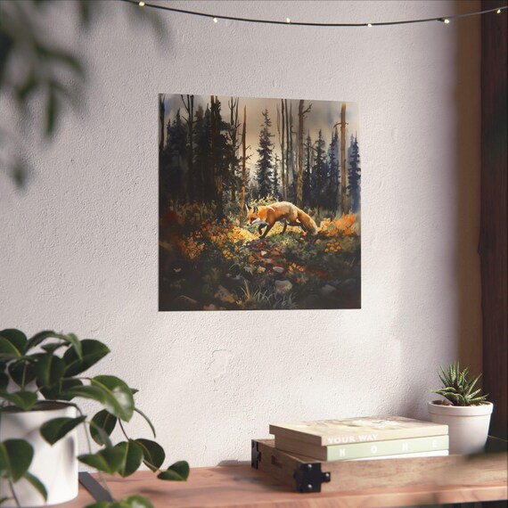 Fox Forest Watercolor Woodland Walk Autumn Pines Wildlife Nature Poster