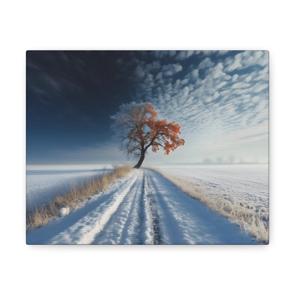 Single Orange Leafed Tree Standing In Snowy Field Under Dramatic Sky Wall Art - Image 3