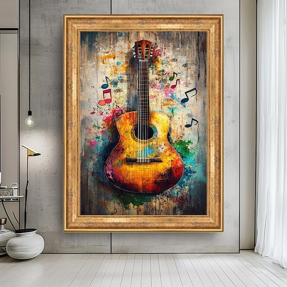 Colorful Acoustic Guitar with Music Notes Modern Music Art Print
