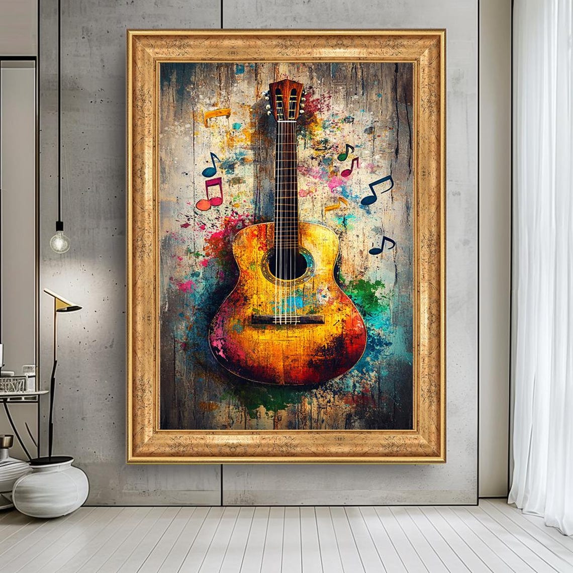 Colorful Acoustic Guitar with Music Notes Modern Music Art Print