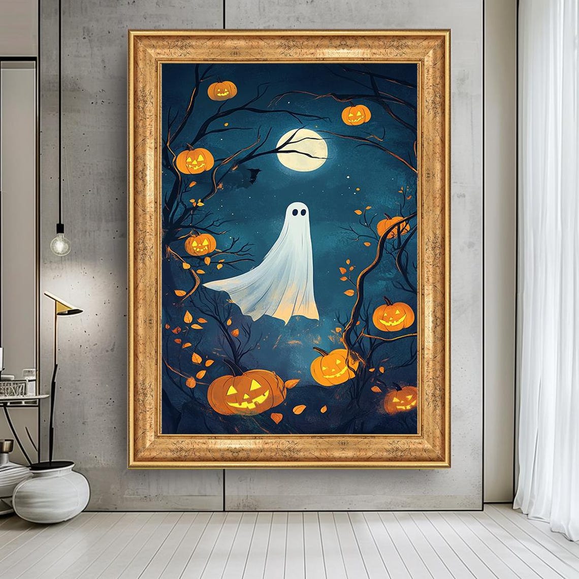 Halloween Canvas Art Spooky Pumpkin Moon Print Fall Decor