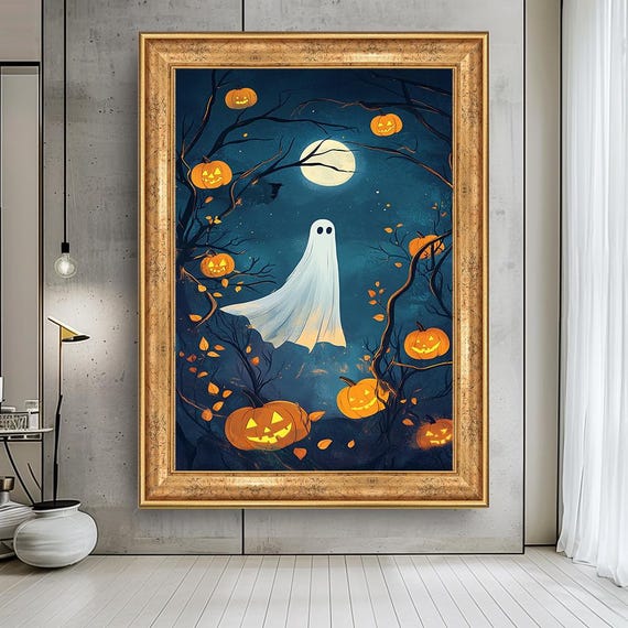 Halloween Canvas Art Spooky Pumpkin Moon Print Fall Decor