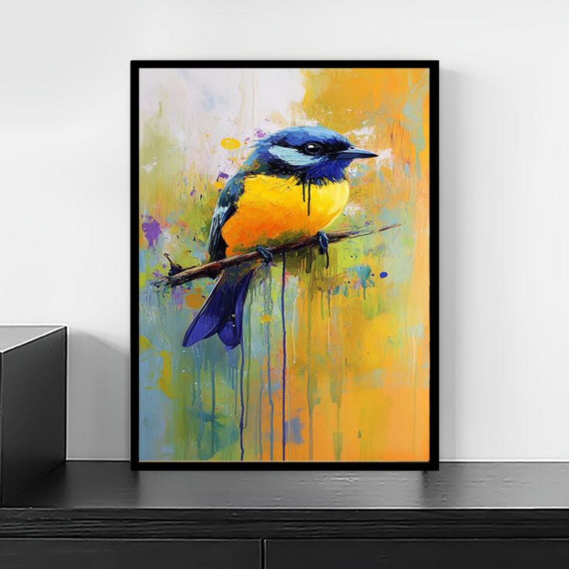 Vibrant Colorful Songbird Perched Impressionist Drip Art Poster