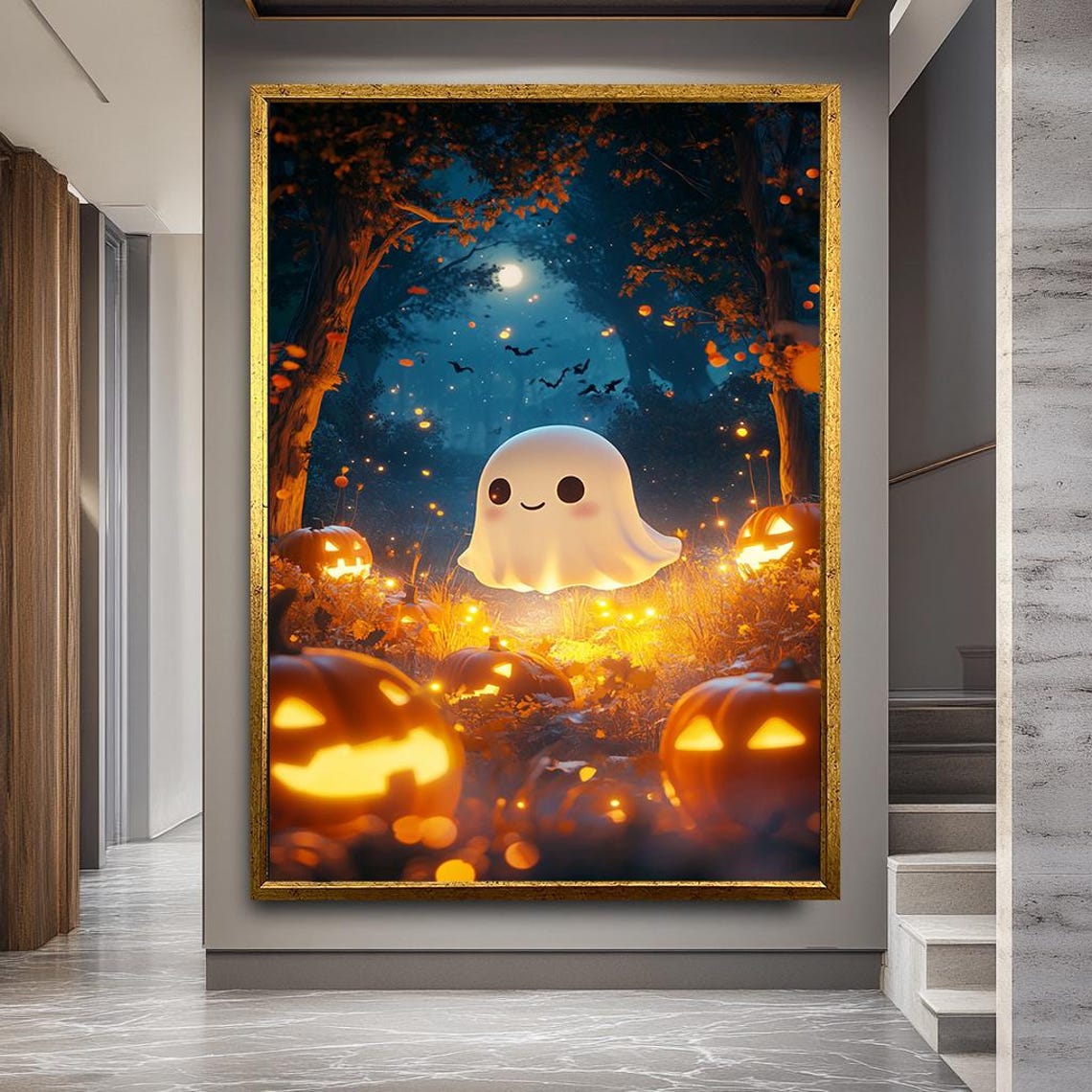 Cute Ghost Glowing Pumpkins Halloween Night Magical Art Poster