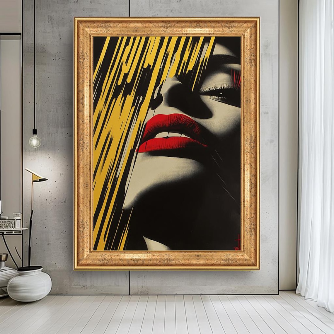Red Lips on Black Gold Dripping Pop Art Woman Portrait Poster