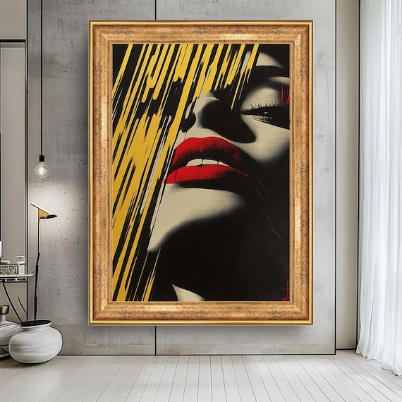 Red Lips Pop Art Canvas Print Bold Woman Portrait Edgy Glam Decor