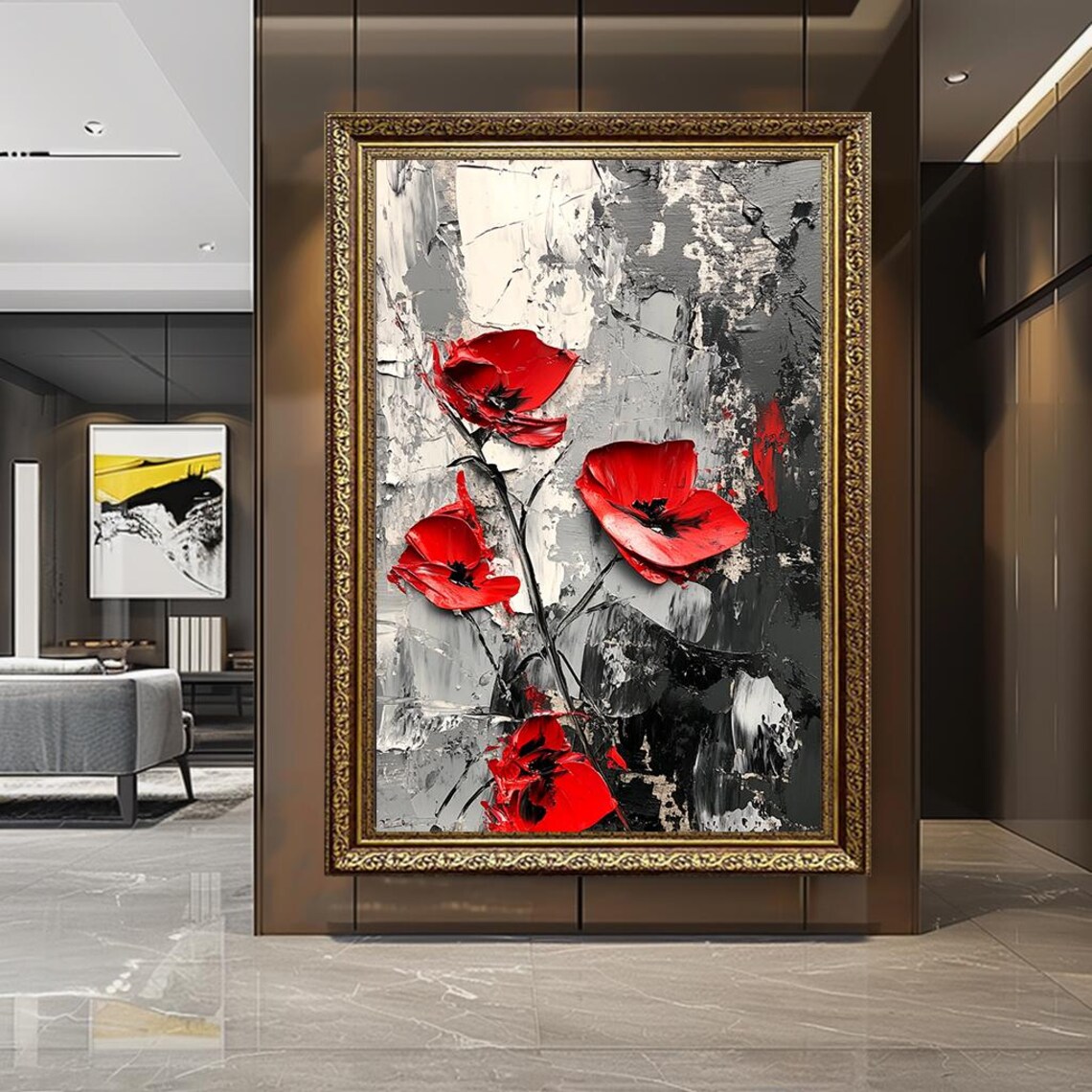 Red Poppies Impasto Oil Painting Gray Black Modern Floral Wall Art
