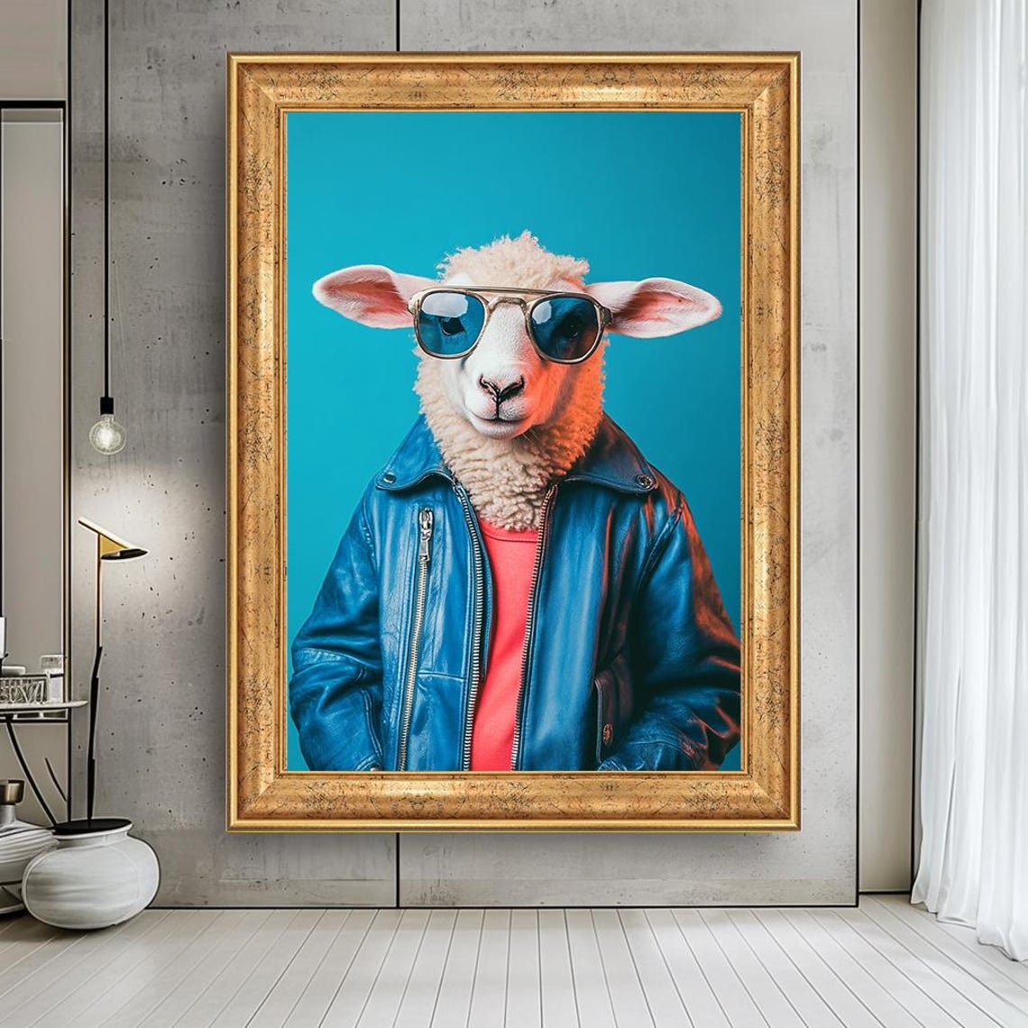 Funky Sheep in Leather Jacket Sunglasses Cool Animal Portrait Poster