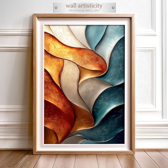 Luxury Abstract Wall Art Decor, Gold Silver Teal Abstract