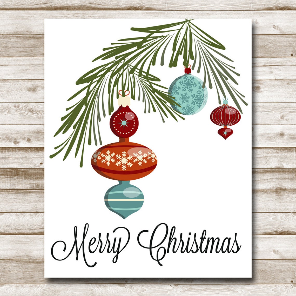 Merry Christmas Vintage Ornaments Hanging From Pine Branch Wall Art - Image 4