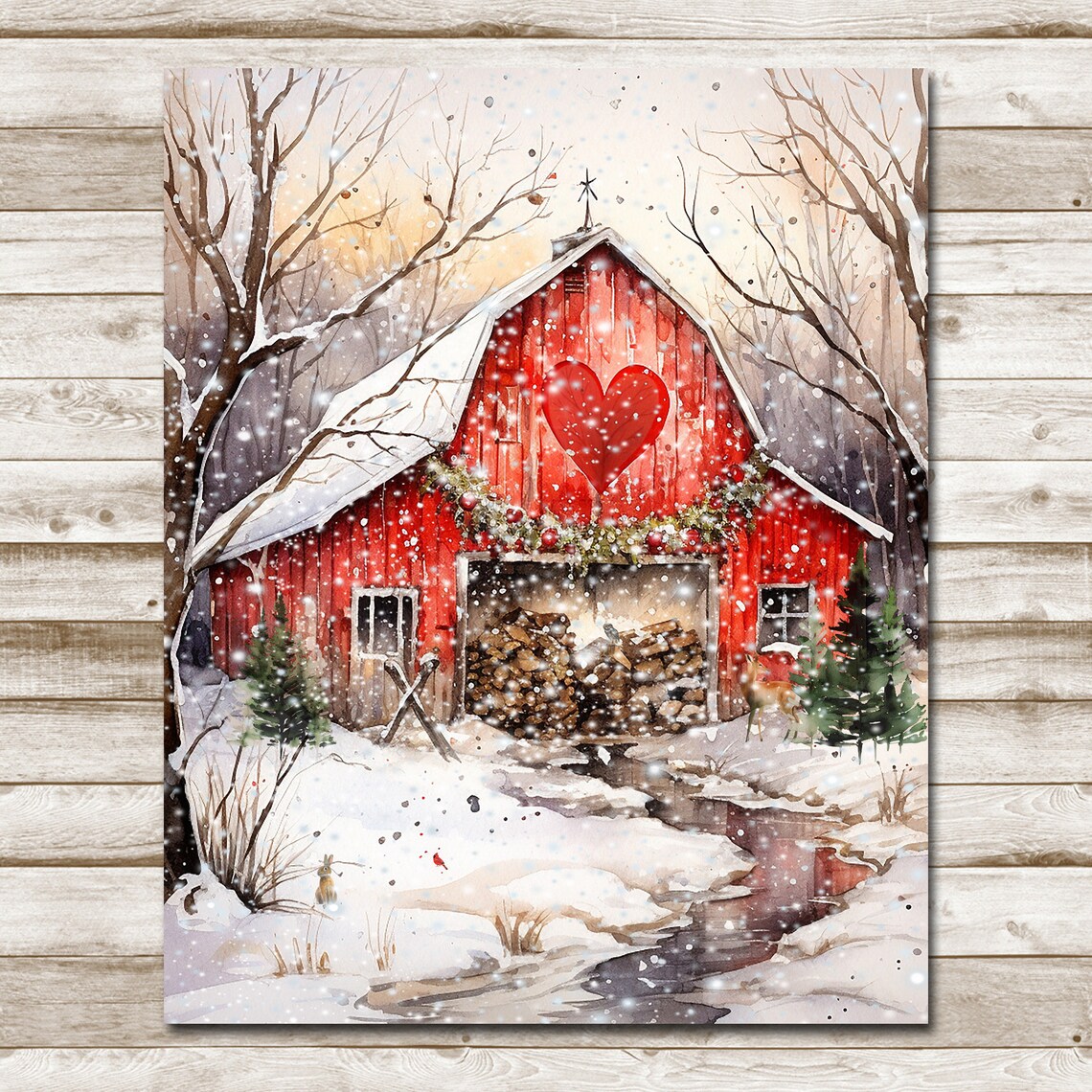 Valentine Red Barn With Heart Winter Woodland Watercolor Poster - Image 10