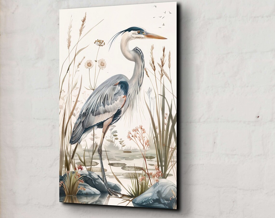 Great Blue Heron Watercolor Reeds Wetland Bird Coastal Poster