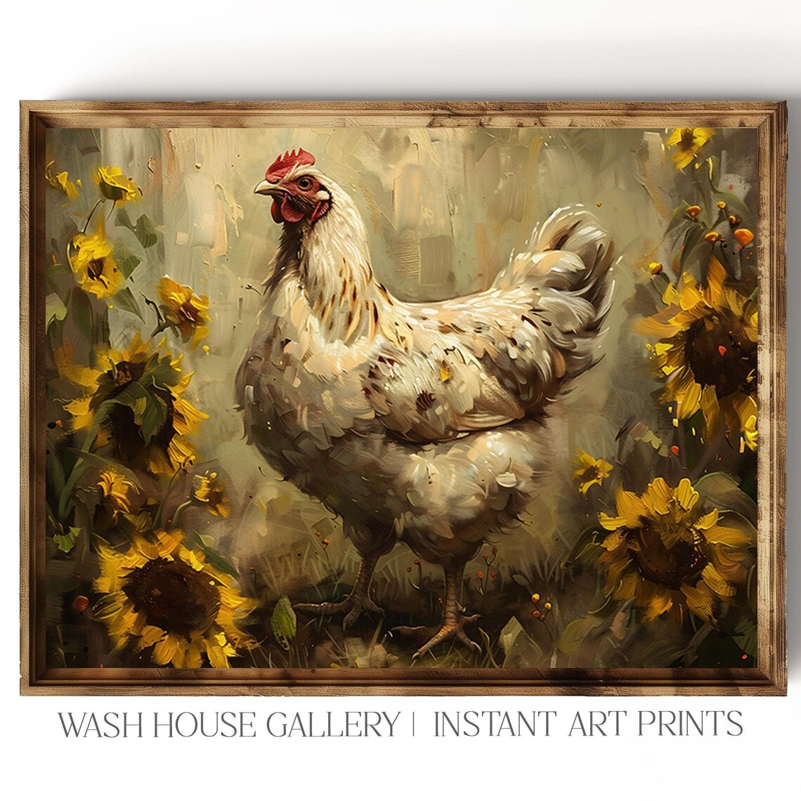 White Hen Among Sunflowers Rustic Country Farm Oil Painting Poster