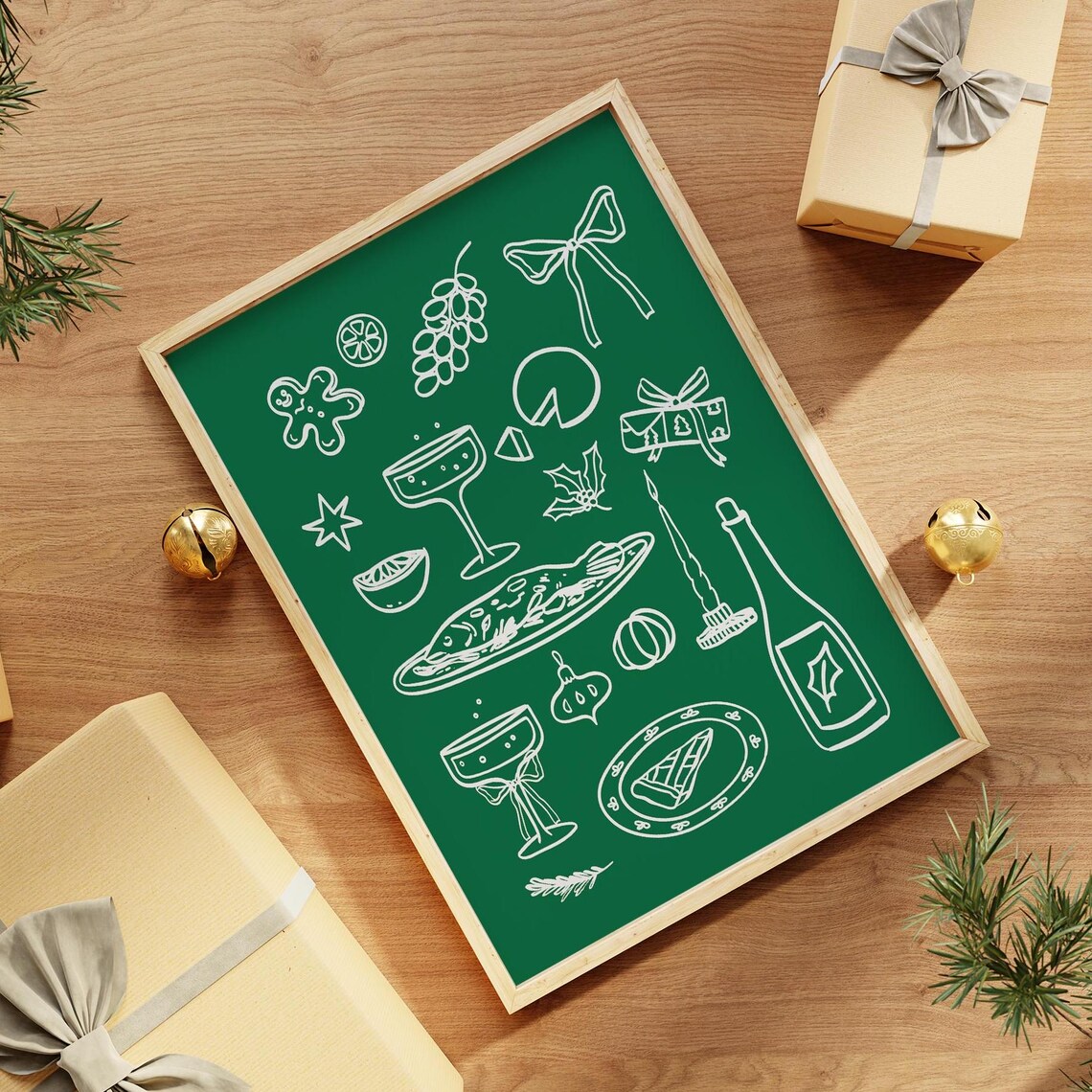 Christmas Dinner Line Art Green Champagne Turkey Party Holiday Wall Poster - Image 2