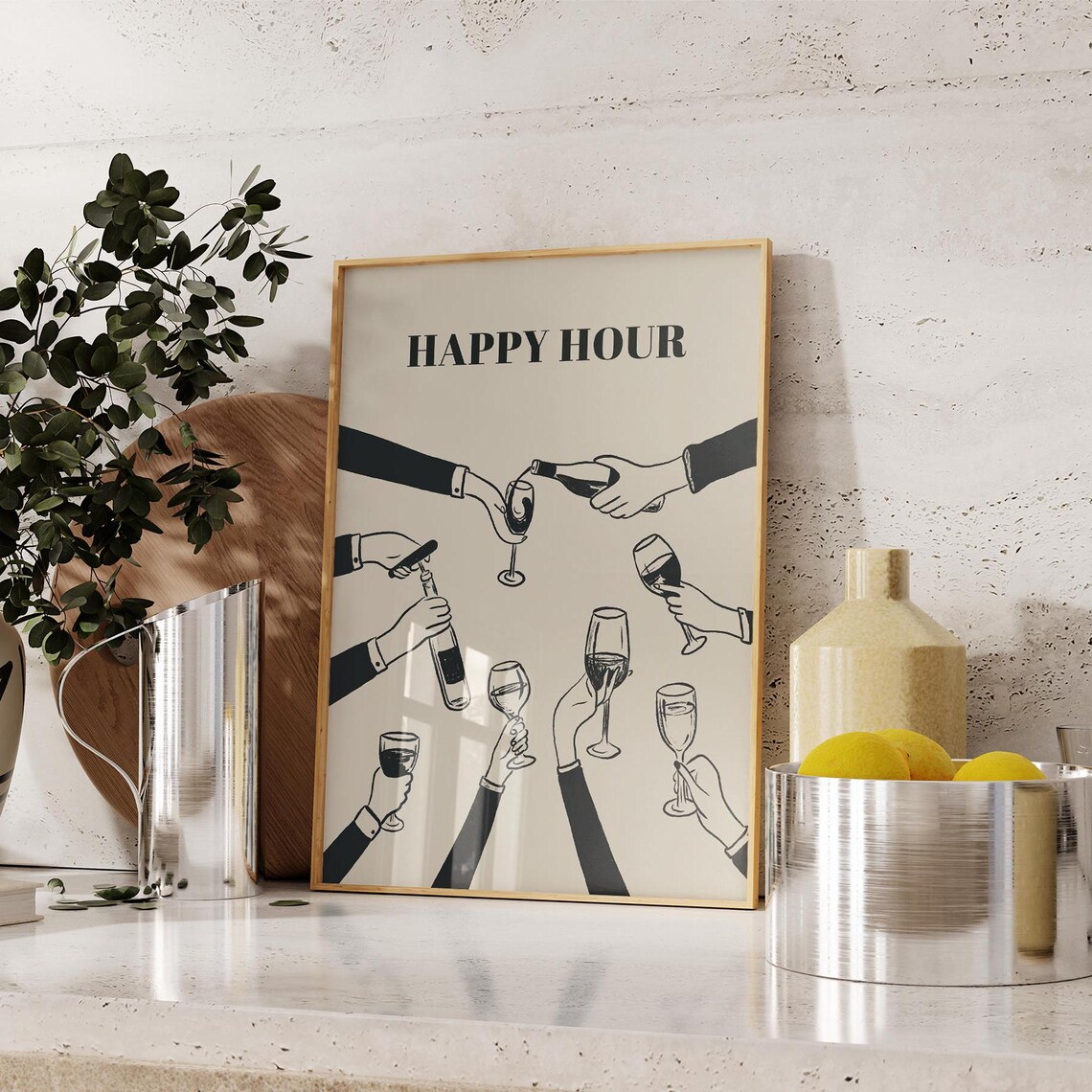 Happy Hour Raised Wine Glasses Cheers Bar Cart Party Wall Art - Image 3