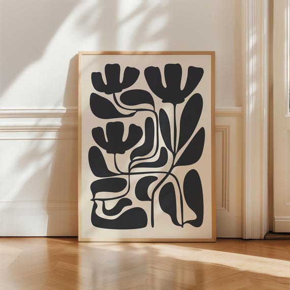 Black Abstract Botanical Art Flower Poster Matisse Inspired Print Japandi Wall Boho