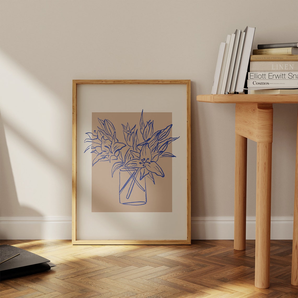 Blue Line Flower Vase Sketch Beige Botanical Minimalist Floral Poster - Image 2
