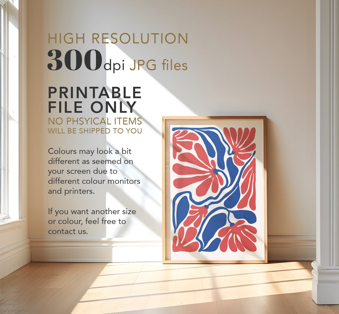 Abstract Floral Red Blue Matisse Style Retro Botanical Art Poster - Image 4