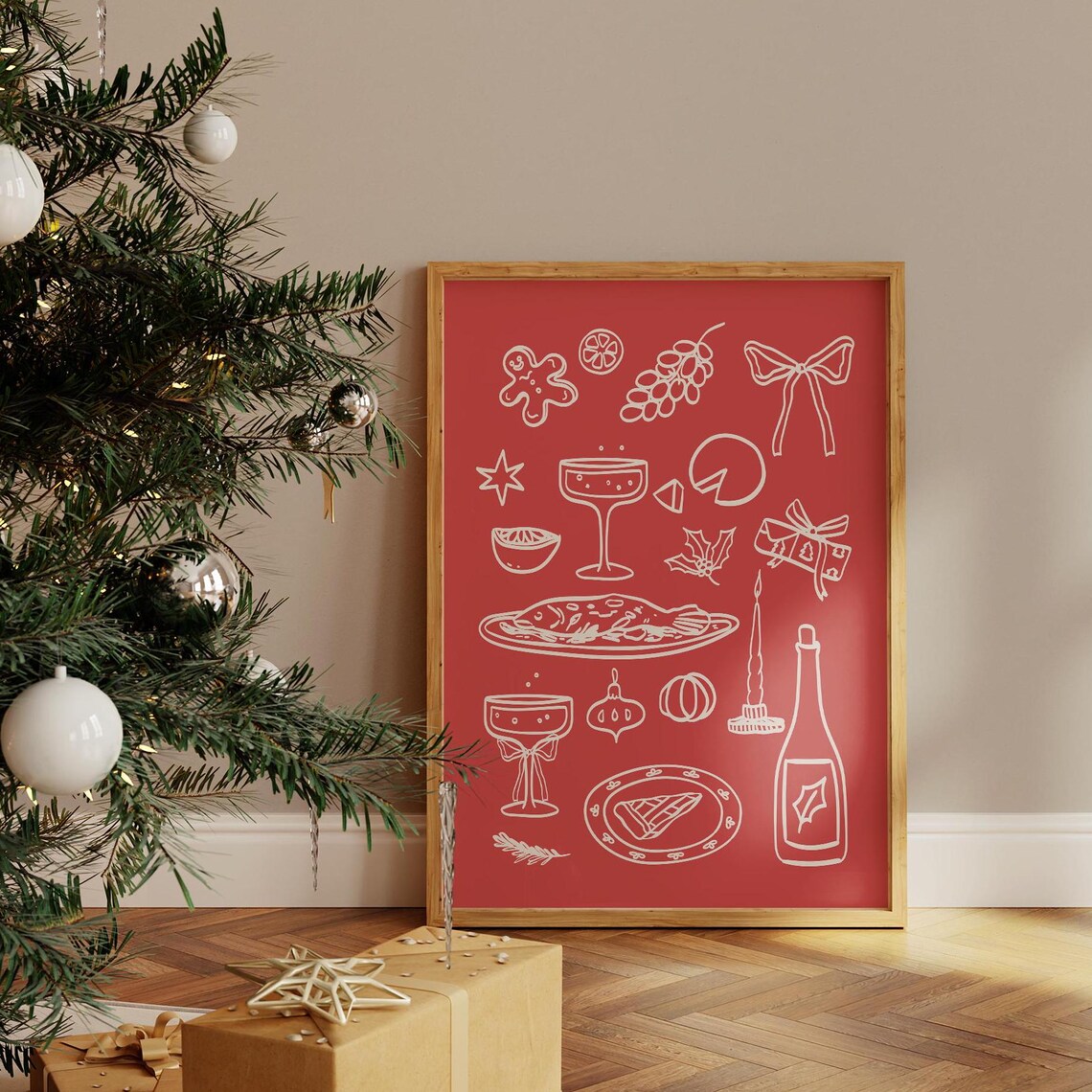 Christmas Dinner Line Art Red Holiday Feast Champagne Icons Wall Poster - Image 3