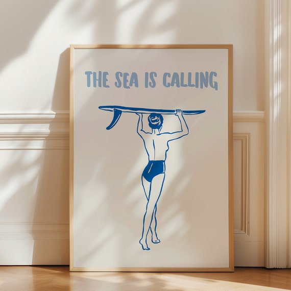 The Sea Is Calling Print Trendy Coastal Wall Art Surf Girl Poster Beach House Decor Cute Summer Print Gift For Her