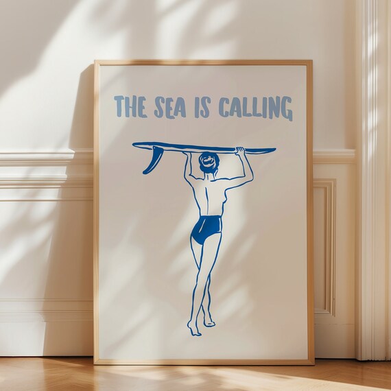 The Sea Is Calling Surfer Girl Blue Line Art Coastal Beach House Poster