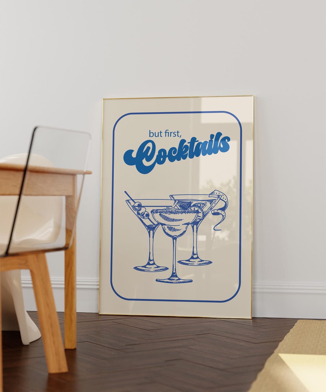 But First Cocktails Retro Navy Martini Margarita Bar Cart Poster - Image 2