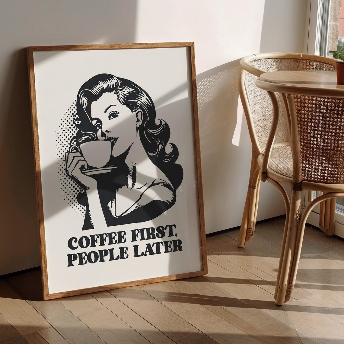 Coffee First People Later Retro Woman Funny Kitchen Quote Poster - Image 3