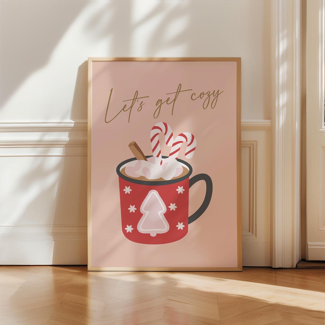 Lets Get Cozy Hot Cocoa Candy Cane Winter Mug Blush Pink Poster - Image 2