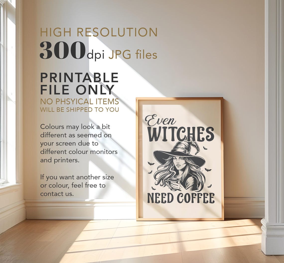 Even Witches Need Coffee Cute Vintage Witch Bats Spooky Fall Poster - Image 3