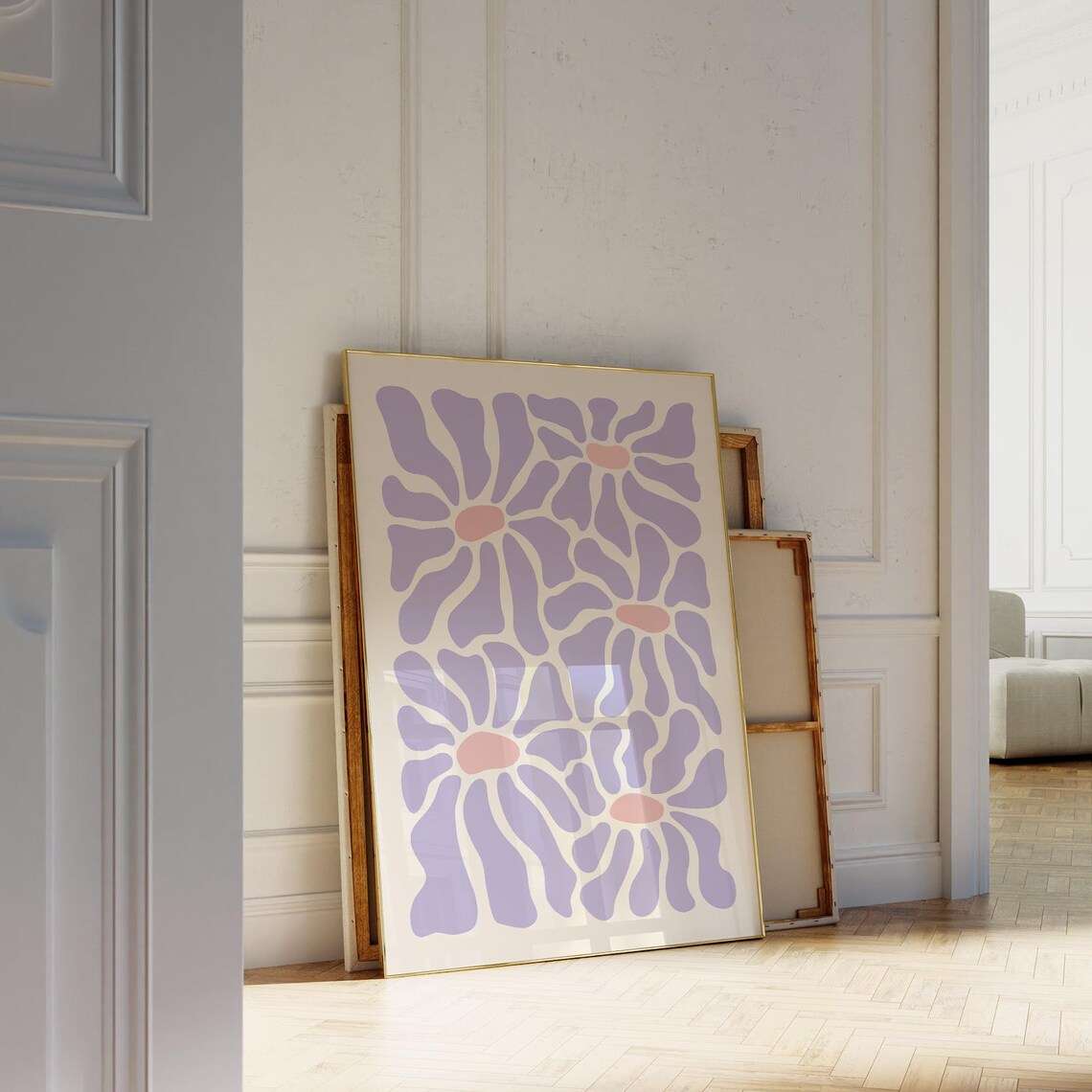 Groovy Purple Retro Flowers Pink Centers Abstract Floral Wall Art - Image 2