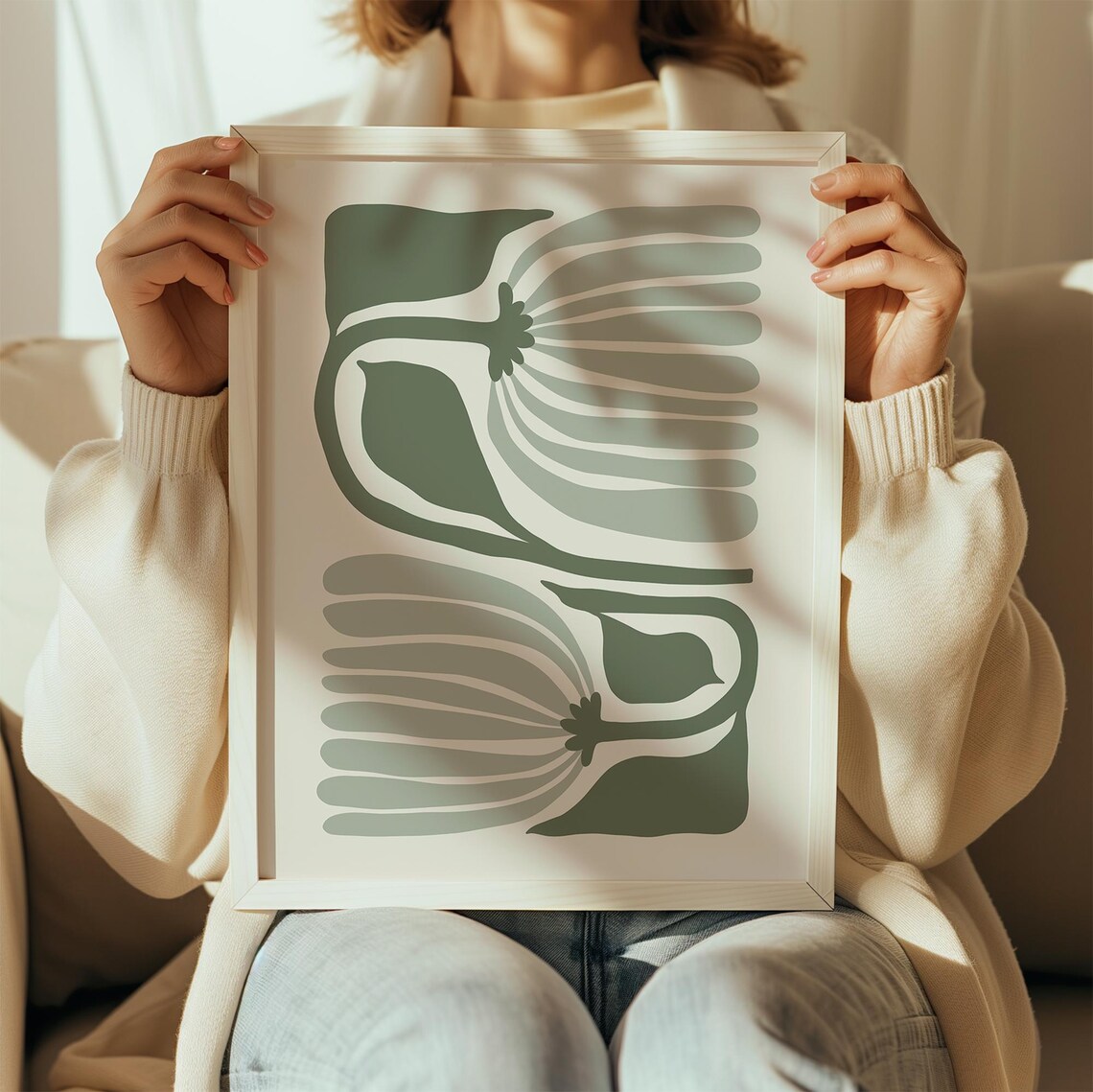 Sage Green Flower Japandi Wall Art Print - Image 3
