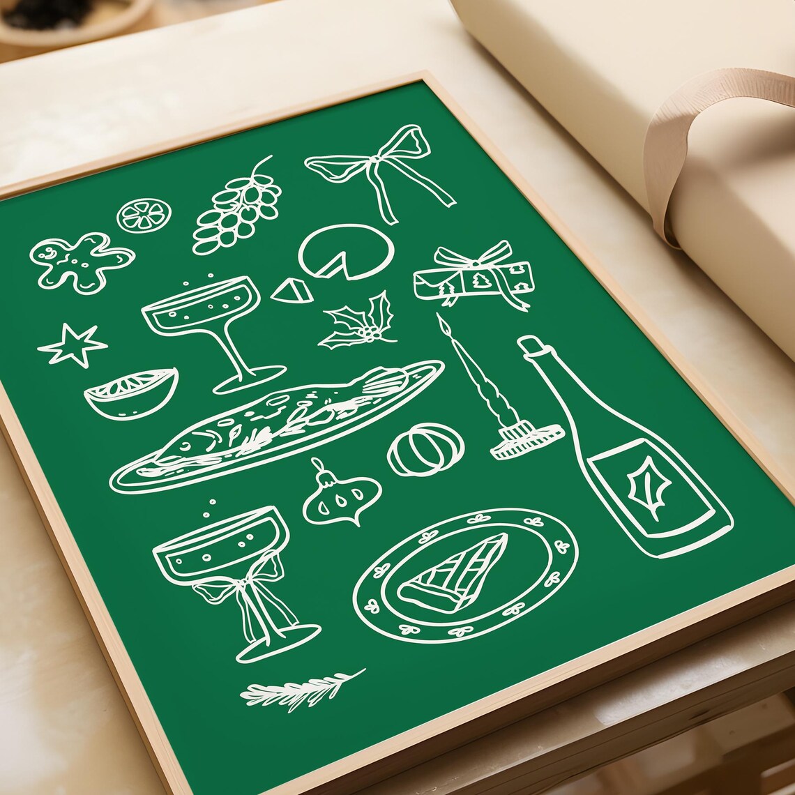 Christmas Dinner Line Art Green Champagne Turkey Party Holiday Wall Poster - Image 3